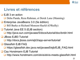 Livres et références
 EJB 3 en action
   Debu Panda, Reza Rahman, et Derek Lane (Manning)
 Enterprise JavaBeans 3.0 (5e édition)
   Bill Burke et Richard Monson-Haefel (O'Reilly)
 Tutoriel Java EE 5 (EJB section)
   http://java.sun.com/javaee/5/docs/tutorial/doc/bnblr.html
 JBoss EJB3 Tutoriel
   http://docs.jboss.com/ejb3/app-server/tutorial/
 Glassfish EJB FAQ
   https://glassfish.dev.java.net/javaee5/ejb/EJB_FAQ.html
 Cay Horstmann EJB Tutoriel
   http://www.horstmann.com/elvis/elvis-meets-glassfish.html
                                                          51
 