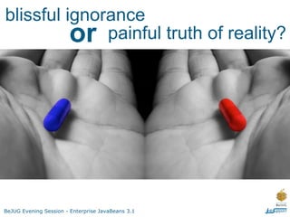 blissful ignorance
          or painful truth of reality?




BeJUG Evening Session - Enterprise JavaBeans 3.1
 