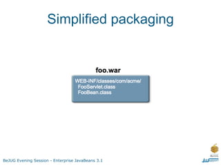 Simplified packaging




BeJUG Evening Session - Enterprise JavaBeans 3.1
 