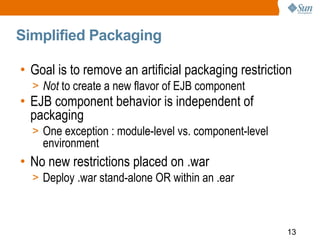 Simplified Packaging

• Goal is to remove an artificial packaging restriction
  > Not to create a new flavor of EJB compon...
