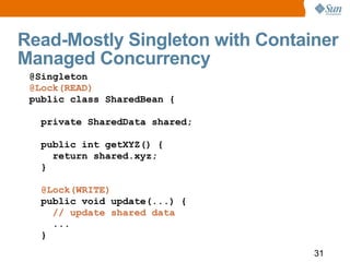 Read-Mostly Singleton with Container
Managed Concurrency
 @Singleton
 @Lock(READ)
 public class SharedBean {

   private S...