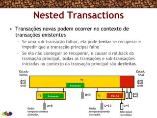 T3T2
Nested Transactions
•  Transações novas podem ocorrer no contexto de
transações existentes
–  Se uma sub-transação falhar, ela pode tentar se recuperar e
impedir que a transação principal falhe
–  Se ela não conseguir se recuperar, e causar o rollback da
transação principal, todas as transações e sub-transações
iniciadas no contexto da transação principal são desfeitas
T1
Sucesso Falha
Dados
temporariamente
alterados
Alterações
revertidas
Dados
temporariamente
alterados
A=5 C=10
A=0
B=0
C=0
B=3
C=0
A=0
B=0
C=0
B=0
A=0
Estado
inicial
Estado
final
Sucesso
 