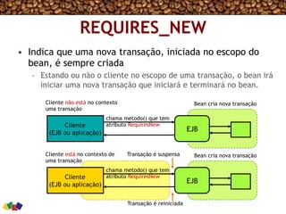 REQUIRES_NEW
•  Indica que uma nova transação, iniciada no escopo do
bean, é sempre criada
–  Estando ou não o cliente no escopo de uma transação, o bean irá
iniciar uma nova transação que iniciará e terminará no bean.
Cliente
(EJB ou aplicação)
EJB
Cliente
(EJB ou aplicação)
Cliente não está no contexto
uma transação
Cliente está no contexto de
uma transação
chama metodo() que tem
atributo RequiresNew
Bean cria nova transação
chama metodo() que tem
atributo RequiresNew
EJB
Bean cria nova transação
Transação é suspensa
Transação é reiniciada
 
