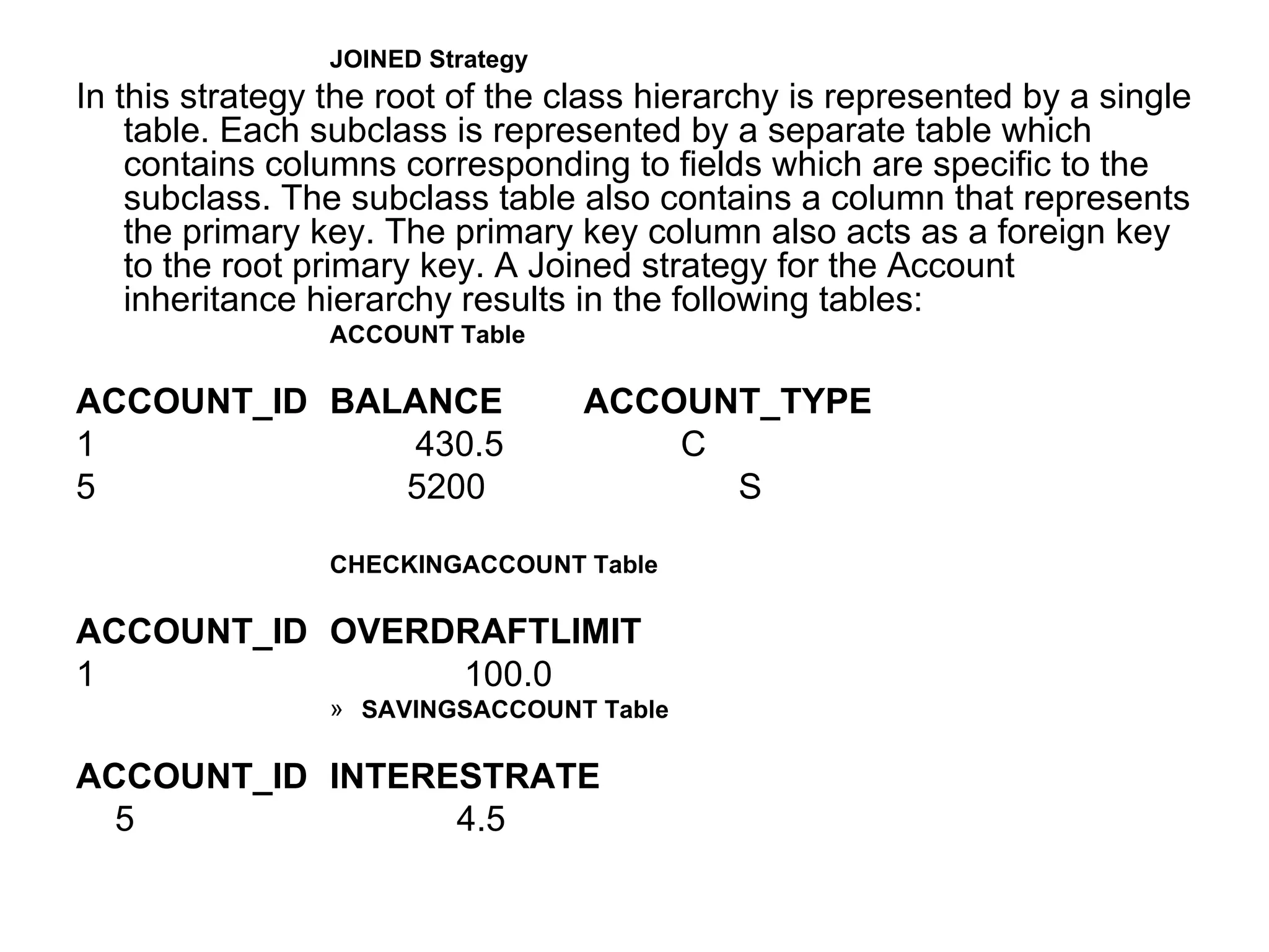 JOINED Strategy In this strategy the root of the class hierarchy is represented by a single table. Each subclass is represented by a separate table which contains columns corresponding to fields which are specific to the subclass. The subclass table also contains a column that represents the primary key. The primary key column also acts as a foreign key to the root primary key. A Joined strategy for the Account inheritance hierarchy results in the following tables: ACCOUNT Table ACCOUNT_ID BALANCE ACCOUNT_TYPE 1   430.5   C 5  5200  S CHECKINGACCOUNT Table ACCOUNT_ID OVERDRAFTLIMIT 1   100.0 SAVINGSACCOUNT Table ACCOUNT_ID INTERESTRATE 5  4.5 