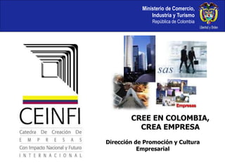 Ministerio de Comercio,
Industria y Turismo
República de Colombia
CREE EN COLOMBIA,
CREA EMPRESA
Dirección de Promoción y Cultura
Empresarial
 