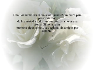 Esta flor simboliza la amistad.  Tienes 20 minutos para pasar esta flor  de la amistad a todos tus amigos. Esta no es una broma. Si no la pasas  pronto a algun amigo, te quedaras sin amigos por siempre.  