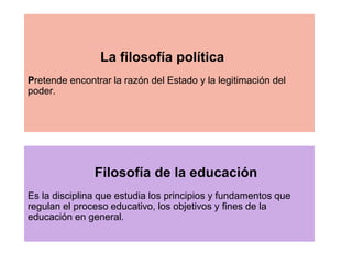 La filosofía política
Pretende encontrar la razón del Estado y la legitimación del
poder.
Filosofía de la educación
Es la disciplina que estudia los principios y fundamentos que
regulan el proceso educativo, los objetivos y fines de la
educación en general.
 