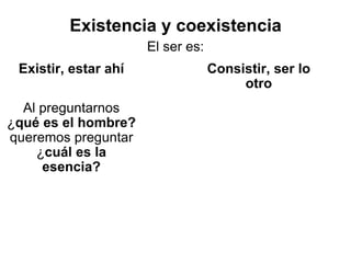 Existencia y coexistencia
El ser es:
Existir, estar ahí
Al preguntarnos
¿qué es el hombre?
queremos preguntar
¿cuál es la
esencia?
Consistir, ser lo
otro
 
