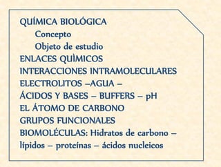 QUÍMICA BIOLÓGICA
Concepto
Objeto de estudio
ENLACES QUÌMICOS
INTERACCIONES INTRAMOLECULARES
ELECTROLITOS –AGUA –
ÁCIDOS Y BASES – BUFFERS – pH
EL ÁTOMO DE CARBONO
GRUPOS FUNCIONALES
BIOMOLÉCULAS: Hidratos de carbono –
lípidos – proteínas – ácidos nucleicos
 
