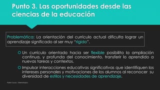 Punto 3. Las oportunidades desde las
ciencias de la educación
Pablo Cocas - OrientaTopics
Problemática: La orientación del currículo actual dificulta lograr un
aprendizaje significado al ser muy “rígido”.
 Un currículo orientado hacia ser flexible posibilita la ampliación
continua, y profunda del conocimiento, transferir lo aprendido a
nuevas tareas y contextos.
 Impulsar interacciones educativas significativas que identifiquen los
intereses personales y motivaciones de los alumnos al reconocer su
diversidad de estilos y necesidades de aprendizaje.
 