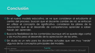 Conclusión
 En el nuevo modelo educativo, se ve que consideran al estudiante al
centro del proceso, buscan que el docente cambie de rol, se enfocan
en utilizar el concepto de significativo, consideran los pilares de la
educación que es el desarrollo de competencias aprender a saber-
hacer- ser- aprender.
 Busca la flexibilidad de los contenidos (aunque ahí se queda algo corto)
y da mucho peso al desarrollo de la apreciación de las artes.
 Sin duda es un reto para los docentes actuales que ven muy “verde”
algunos de los conceptos principales del modelo.
Pablo Cocas - OrientaTopics Fuente:
https://www.gob.mx/cms/uploads/attachment/file/114501/Modelo_Educativo_2016.pdf
 