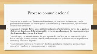 Proceso comunicacional
• Fundado en la técnica de Observación Participante, se estructura información, y se la
gestiona ef...