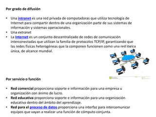 Por grado de difusión
• Una intranet es una red privada de computadoras que utiliza tecnología de
Internet para compartir dentro de una organización parte de sus sistemas de
información y sistemas operacionales.
• Una extranet
• La Internet es un conjunto descentralizado de redes de comunicación
interconectadas que utilizan la familia de protocolos TCP/IP, garantizando que
las redes físicas heterogéneas que la componen funcionen como una red lógica
única, de alcance mundial.
Por servicio o función
• Red comercial proporciona soporte e información para una empresa u
organización con ánimo de lucro.
• Red educativa proporciona soporte e información para una organización
educativa dentro del ámbito del aprendizaje.
• Red para el proceso de datos proporciona una interfaz para intercomunicar
equipos que vayan a realizar una función de cómputo conjunta.
 