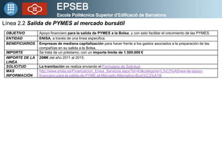 Línea 2.2 Salida de PYMES al mercado bursátil
 OBJETIVO        Apoyo financiero para la salida de PYMES a la Bolsa, y con esto facilitar el crecimiento de las PYMES.
 ENTIDAD         ENISA, a través de una línea especifica.
 BENEFICIARIOS   Empresas de mediana capitalización para hacer frente a los gastos asociados a la preparación de las
                 compañías en su salida a la Bolsa.
 IMPORTE         Se trata de un préstamo, con un importe límite de 1.500.000 €
 IMPORTE DE LA   20M€ del año 2011 al 2015.
 LINEA
 SOLICITUD       La tramitación se realiza enviando el Formulario de Solicitud.
 MAS             http://www.enisa.es/Financiacion_Enisa_Servicios.aspx?id=43&categoria=L%C3%ADnea-de-apoyo-
 INFORMACIÓN     financiero-para-la-salida-de-PYME-al-Mercado-Alternativo-Burs%C3%A1til
 