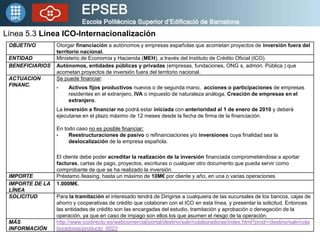 Línea 5.3 Línea ICO-Internacionalización
 OBJETIVO        Otorgar financiación a autónomos y empresas españolas que acometan proyectos de inversión fuera del
                 territorio nacional.
 ENTIDAD         Ministerio de Economía y Hacienda (MEH), a través del Instituto de Crédito Oficial (ICO).
 BENEFICIARIOS   Autónomos, entidades públicas y privadas (empresas, fundaciones, ONG s, admón. Pública.) que
                 acometan proyectos de inversión fuera del territorio nacional.
 ACTUACION       Se puede financiar:
 FINANC.         •    Activos fijos productivos nuevos o de segunda mano, acciones o participaciones de empresas
                      residentes en el extranjero, IVA o impuesto de naturaleza análoga, Creación de empresas en el
                      extranjero.
                 La inversión a financiar no podrá estar iniciada con anterioridad al 1 de enero de 2010 y deberá
                 ejecutarse en el plazo máximo de 12 meses desde la fecha de firma de la financiación.

                 En todo caso no es posible financiar:
                 •    Reestructuraciones de pasivo o refinanciaciones y/o inversiones cuya finalidad sea la
                      deslocalización de la empresa española.

                 El cliente debe poder acreditar la realización de la inversión financiada comprometiéndose a aportar
                 facturas, cartas de pago, proyectos, escrituras o cualquier otro documento que pueda servir como
                 comprobante de que se ha realizado la inversión.
 IMPORTE         Préstamo /leasing, hasta un máximo de 10M€ por cliente y año, en una o varias operaciones
 IMPORTE DE LA   1.000M€.
 LÍNEA
 SOLICITUD       Para la tramitación el interesado tendrá de Dirigirse a cualquiera de las sucursales de los bancos, cajas de
                 ahorro y cooperativas de crédito que colaboran con el ICO en esta línea, y presentar la solicitud. Entonces
                 las entidades de crédito son las encargadas del estudio, tramitación y aprobación o denegación de la
                 operación, ya que en caso de impago son ellos los que asumen el riesgo de la operación.
 MÁS             http://www.icodirecto.es/webcomercial/portal/destino/salir/colaboradoras/index.html?prod=/destino/salir/cola
 INFORMACIÓN     boradoras/producto_0023
 