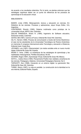 de acuerdo a los resultados obtenidos. Por lo tanto, se plantea entonces que las
estrategias cognitivas deben ser un punto de referencia de los procesos de
aprendizaje en la educación virtual.
BIBLIOGRAFIA
BAKER, Linda (1995). Metacognición, lectura y educación en ciencias. En:
Didáctica de las ciencias: Procesos y aplicaciones, aique Grupo Editor, S.A,
Argentina.
CONTRERAS, Ricardo (1995), Sistema multimedia como prototipo de la
universidad virtual, ARFO Ltda, Colombia.
GALVIS PANQUEVA, Alvaro H. (1994), Ingeniería de Software educativo,
Ediciones Unidas, Colombia
GATES, Bill (1997). Camino al Futuro, Editorial Mc Graw Hill, Colombia.
GIL R., Hernán (1999). Proceso de comunicación a través del Correo Electrónico:
el caso de los estudiantes de la Universidad Tecnológica de Pereira (Colombia),
en memorias X congreso Internacional sobre Tecnología y educación a Distancia,
Editorial Uned, Costa Rica.
JOYANES, Luis (1997). Cibersociedad. Los restos sociales ante un nuevo mundo
digital, Editorial Mc Graw Hill, España.
MURIA V. Irene, (1994). La enseñanza de las estrategias de aprendizaje y las
habilidades metacognitivas. Perfiles Educativos, No 65.
SCHANK, Roger (1997). Aprendizaje Virtual, Editorial Mc Graw Hill, México.
SOTO L., Carlos Arturo (1994). Pensamiento Postfor-mal, realidad y enseñanza de
las ciencias. Pedagogía y Saberes, Universidad Pedagógica Nacional, No 5.
TAPSCOTT, Don (1998). Creciendo en un entorno digital. La generación Net,
Editorial Mc Gaw Hill, Colombia
TURKE, Sherry (1997), La vida en pantalla. La construcción de la identidad en la
era Internet, Editorial Paidós, España
 
