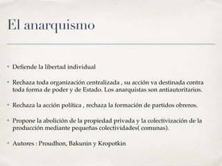 El anarquismo
✤ De
fi
ende la libertad individual
✤ Rechaza toda organización centralizada , su acción va destinada contra
toda forma de poder y de Estado. Los anarquistas son antiautoritarios.
✤ Rechaza la acción política , rechaza la formación de partidos obreros.
✤ Propone la abolición de la propiedad privada y la colectivización de la
producción mediante pequeñas colectividades( comunas).
✤ Autores : Proudhon, Bakunin y Kropotkin
 
