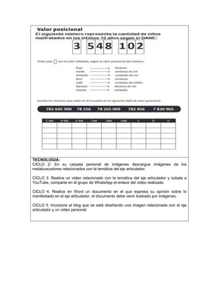 TECNOLOGIA:
CICLO 2: En su carpeta personal de imágenes descargue imágenes de los
metabuscadores relacionados con la temática del eje articulador.
CICLO 3. Realice un video relacionado con la temática del eje articulador y súbala a
YouTube, comparte en el grupo de WhatsApp el enlace del video realizado.
CICLO 4. Realice en Word un documento en el que expresa su opinión sobre lo
manifestado en el eje articulador, el documento debe venir ilustrado por imágenes.
CICLO 5. Incorpore al blog que se está diseñando una imagen relacionada con el eje
articulador y un video personal.
 