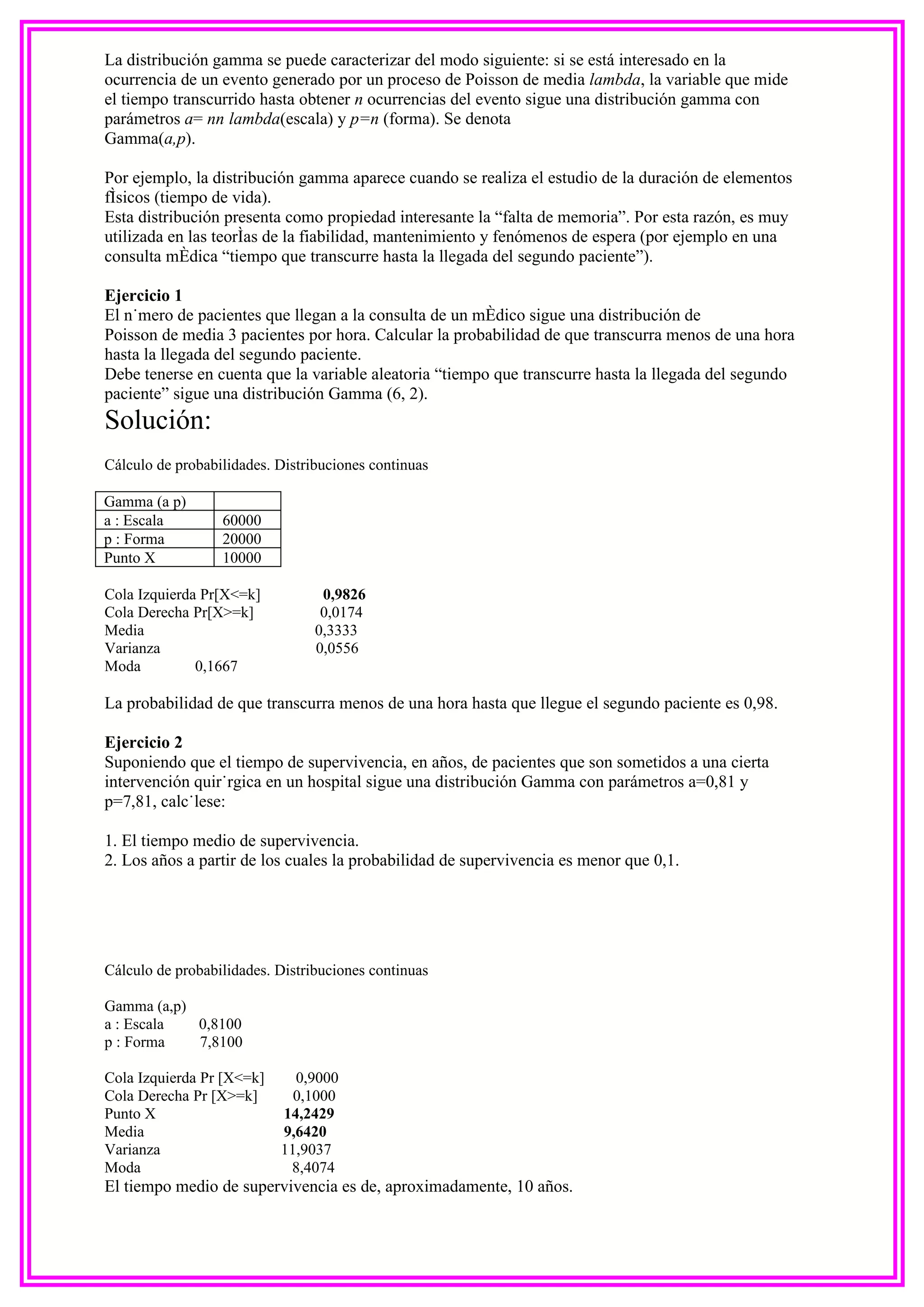 La distribución gamma se puede caracterizar del modo siguiente: si se está interesado en la
ocurrencia de un evento generado por un proceso de Poisson de media lambda, la variable que mide
el tiempo transcurrido hasta obtener n ocurrencias del evento sigue una distribución gamma con
parámetros a= nn lambda(escala) y p=n (forma). Se denota
Gamma(a,p).

Por ejemplo, la distribución gamma aparece cuando se realiza el estudio de la duración de elementos
físicos (tiempo de vida).
Esta distribución presenta como propiedad interesante la “falta de memoria”. Por esta razón, es muy
utilizada en las teorías de la fiabilidad, mantenimiento y fenómenos de espera (por ejemplo en una
consulta médica “tiempo que transcurre hasta la llegada del segundo paciente”).

Ejercicio 1
El número de pacientes que llegan a la consulta de un médico sigue una distribución de
Poisson de media 3 pacientes por hora. Calcular la probabilidad de que transcurra menos de una hora
hasta la llegada del segundo paciente.
Debe tenerse en cuenta que la variable aleatoria “tiempo que transcurre hasta la llegada del segundo
paciente” sigue una distribución Gamma (6, 2).
Solución:
Cálculo de probabilidades. Distribuciones continuas

Gamma (a p)
a : Escala        60000
p : Forma         20000
Punto X           10000

Cola Izquierda Pr[X<=k]           0,9826
Cola Derecha Pr[X>=k]             0,0174
Media                            0,3333
Varianza                         0,0556
Moda          0,1667

La probabilidad de que transcurra menos de una hora hasta que llegue el segundo paciente es 0,98.

Ejercicio 2
Suponiendo que el tiempo de supervivencia, en años, de pacientes que son sometidos a una cierta
intervención quirúrgica en un hospital sigue una distribución Gamma con parámetros a=0,81 y
p=7,81, calcúlese:

1. El tiempo medio de supervivencia.
2. Los años a partir de los cuales la probabilidad de supervivencia es menor que 0,1.




Cálculo de probabilidades. Distribuciones continuas

Gamma (a,p)
a : Escala  0,8100
p : Forma   7,8100

Cola Izquierda Pr [X<=k]     0,9000
Cola Derecha Pr [X>=k]       0,1000
Punto X                    14,2429
Media                      9,6420
Varianza                   11,9037
Moda                        8,4074
El tiempo medio de supervivencia es de, aproximadamente, 10 años.
 