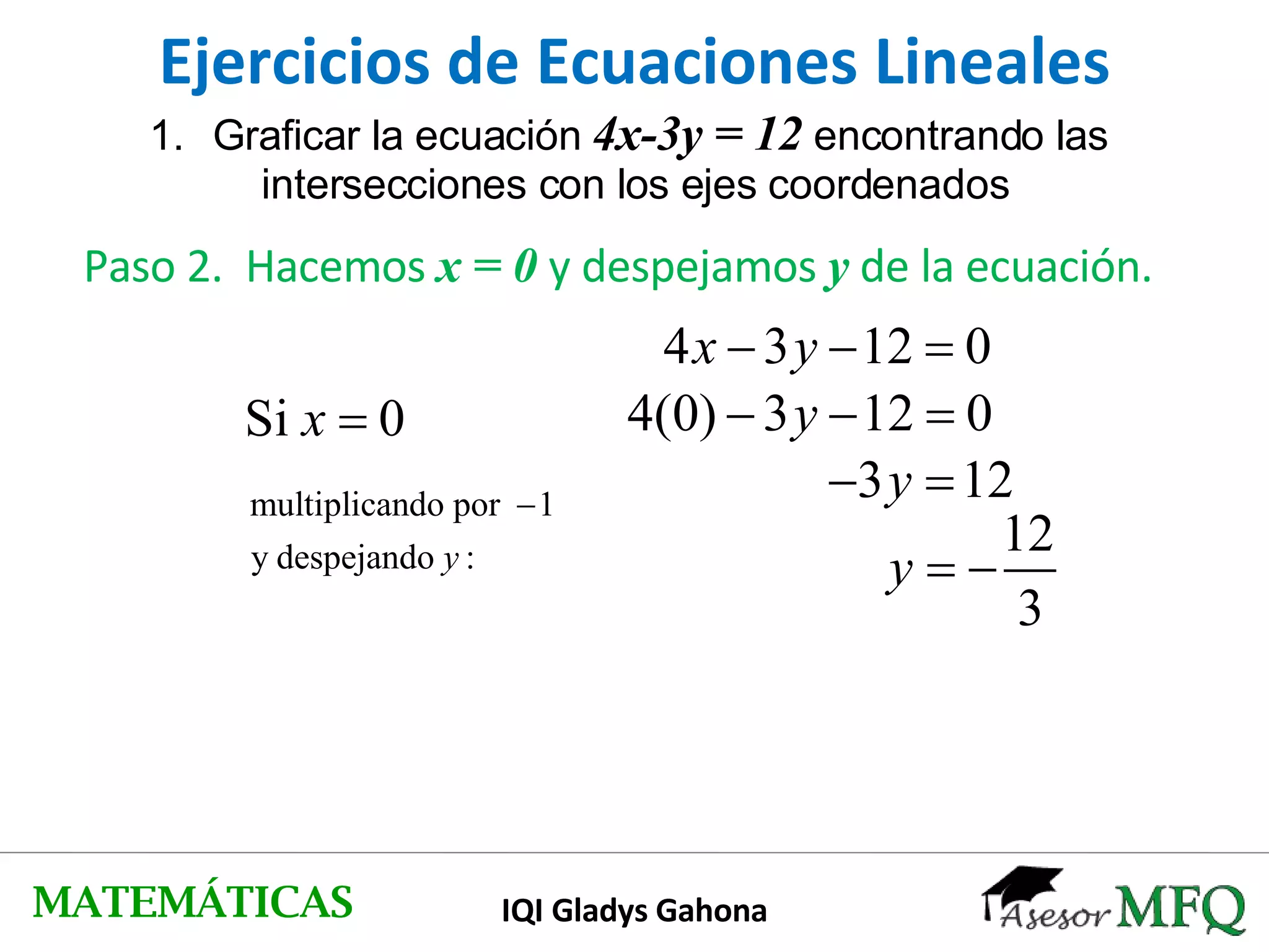 Ejercicios de Ecuaciones Lineales Graficar la ecuación  4x-3y = 12  encontrando las  intersecciones con los ejes coordenados Paso 2.  Hacemos  x = 0  y despejamos  y  de la ecuación. MATEMÁTICAS IQI Gladys Gahona 