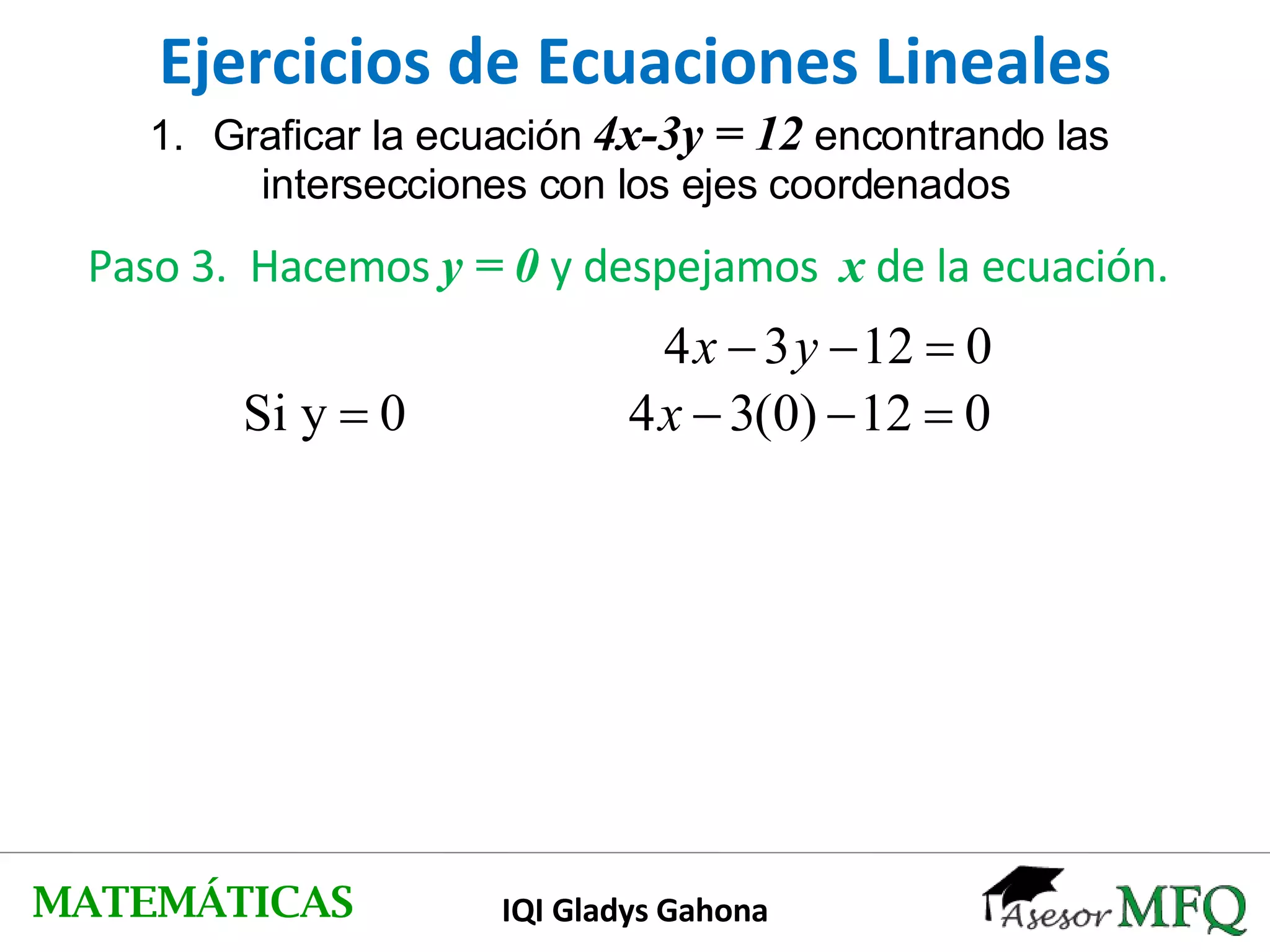Ejercicios de Ecuaciones Lineales Graficar la ecuación  4x-3y = 12  encontrando las  intersecciones con los ejes coordenados Paso 3.  Hacemos  y = 0  y despejamos  x  de la ecuación. MATEMÁTICAS IQI Gladys Gahona 