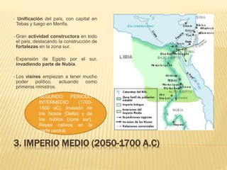 4. IMPERIO NUEVO (1500-1200 A.C)
 Expulsión de los hicsos y
unificación del país, con capital
en Tebas.
 Máxima expansió...