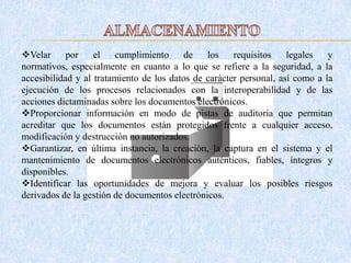Velar por el cumplimiento de los requisitos legales y
normativos, especialmente en cuanto a lo que se refiere a la seguridad, a la
accesibilidad y al tratamiento de los datos de carácter personal, así como a la
ejecución de los procesos relacionados con la interoperabilidad y de las
acciones dictaminadas sobre los documentos electrónicos.
Proporcionar información en modo de pistas de auditoría que permitan
acreditar que los documentos están protegidos frente a cualquier acceso,
modificación y destrucción no autorizados.
Garantizar, en última instancia, la creación, la captura en el sistema y el
mantenimiento de documentos electrónicos auténticos, fiables, íntegros y
disponibles.
Identificar las oportunidades de mejora y evaluar los posibles riesgos
derivados de la gestión de documentos electrónicos.
 