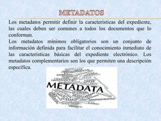 Los metadatos permitir definir la características del expediente,
las cuales deben ser comunes a todos los documentos que lo
conforman.
Los metadatos mínimos obligatorios son un conjunto de
información definida para facilitar el conocimiento inmediato de
las características básicas del expediente electrónico. Los
metadatos complementarios son los que permiten una descripción
específica.
 