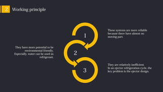 1
2
3
These systems are more reliable
because there have almost no
moving part.
They have more potential to be
environmental friendly.
Especially, water can be used as
refrigerant.
They are relatively inefficient.
In an ejector refrigeration cycle, the
key problem is the ejector design.
Working principle2
 