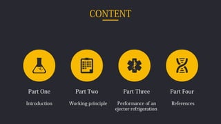 CONTENT
Part One
Introduction
Part Two
Working principle
Part Three
Performance of an
ejector refrigeration
Part Four
References
 