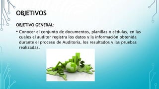 OBJETIVOS
OBJETIVO GENERAL:
• Conocer el conjunto de documentos, planillas o cédulas, en las
cuales el auditor registra los datos y la información obtenida
durante el proceso de Auditoría, los resultados y las pruebas
realizadas.
 