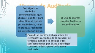 Son signos o
símbolos
convencionales que
utiliza el auditor, para
identificar el tipo de
procedimiento, tarea
o pruebas realizadas
en la ejecución de un
examen.
El uso de marcas
simples facilita su
entendimiento.
Cuando el auditor trabaja sobre los
elementos recibidos de la entidad, de
terceros ajenos a la entidad y los
confeccionados por él, no debe dejar
constancia descriptiva de la tarea
realizada.
 