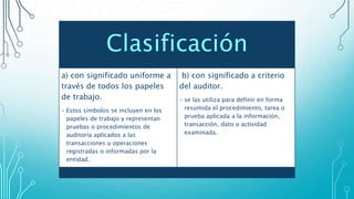 Clasificación
a) con significado uniforme a
través de todos los papeles
de trabajo.
• Estos símbolos se incluyen en los
papeles de trabajo y representan
pruebas o procedimientos de
auditoría aplicados a las
transacciones u operaciones
registradas o informadas por la
entidad.
b) con significado a criterio
del auditor.
• se las utiliza para definir en forma
resumida el procedimiento, tarea o
prueba aplicada a la información,
transacción, dato o actividad
examinada.
 