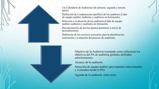 Un Calendario de Auditorias (de primera, segunda y tercera
parte).
Definición de Competencias (perfiles) de los auditores (Líder
de equipo auditor, auditores y auditores en formación).
Selección y evaluación de los auditores (Líder de equipo
auditor, auditores y auditores en formación.
Documentación de los tres puntos anteriores a través de
procedimientos.
Definición de los recursos necesarios para la planificación,
realización y evaluación del proceso de auditorías.
Objetivo de la Auditoria (tomando como referencia los
objetivos del PA de auditoria globales definidos
anteriormente).
Alcance de la auditoria
Selección de equipo auditor (previamente seleccionados
y evaluados desde el PA)
Agenda de la auditoria. entre otros.
 