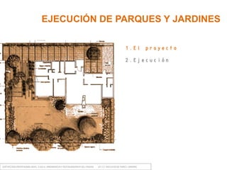CERTIFICADO PROFESIONAL NIVEL 3 (UC1): JARDINERO/A Y RESTAURADOR/A DEL PAISAJE UF 2.2 EXECUCIÓ DE PARCS I JARDINS
1.El proyecto
2.Ejecución
EJECUCIÓN DE PARQUES Y JARDINES
 