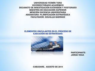 UNIVERSIDAD FERMÍN TORO
VICERRECTORADO ACADÉMICO
DECANATO DE INVESTIGACIÓN EXTENSIÓN Y POSTGRADO
MAESTRÍA DE EDUCACIÓN SUPERIOR
MENCIÓN DOCENCIA UNIVERSITARIA
ASIGNATURA: PLANIFICACIÓN ESTRATÉGICA
FACILITADOR: DOUGLAS BARRÁEZ
ELEMENTOS VINCULANTES EN EL PROCESO DE
EJECUCIÓN DE ESTRATEGIAS
PARTICIPANTE:
JORGE VEGA
CABUDARE, AGOSTO DE 2014
 