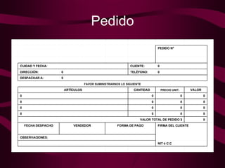 Pedido                     NIT ó C.C           OBSERVACIONES:                 FIRMA DEL CLIENTE FORMA DE PAGO VENDEDOR FECHA DESPACHO     0 VALOR TOTAL DE PEDIDO $     0 0 0 0     0 0 0 0     0 0 0 0     0 0 0 0     VALOR PRECIO UNIT. CANTIDAD ARTÌCULOS     FAVOR SUMINISTRARNOS LO SIGUIENTE     0 DESPACHAR A:     0 TELÈFONO: 0 DIRECCIÒN:     0 CLIENTE:   CUIDAD Y FECHA:                                     PEDIDO Nº                               