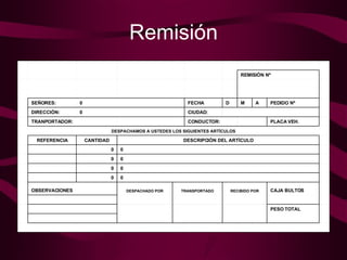 Remisión                                       PESO TOTAL                           CAJA BULTOS RECIBIDO POR TRANSPORTADO DESPACHADO POR OBSERVACIONES     0 0       0 0       0 0       0 0       DESCRIPCIÒN DEL ARTÌCULO CANTIDAD REFERENCIA     DESPACHAMOS A USTEDES LOS SIGUIENTES ARTÌCULOS     PLACA VEH.   CONDUCTOR:   TRANPORTADOR:       CIUDAD: 0 DIRECCIÒN:     PEDIDO Nº A M D FECHA 0 SEÑORES:                                         REMISIÒN Nº                                     