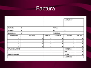 Factura                     ACEPTADO             0 TOTAL     OBSERVACIONES     0 IVA             0 SUBTOTAL     VALOR EN LETRAS     0 0 0 0 0 0     0 0 0 0 0 0     0 0 0 0 0 0     0 0 0 0 0 0     VALOR VR. UNIT CANTIDAD UNIDAD DETALLE REFERENCIA     0 TELÈFONO: 0 DIRECCIÒN:     0 NIT. 0 CLIENTE:       FECHA: 0 CUIDAD:                                 FACTURA Nº                           