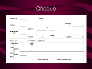 Cheque                           FIRMA BENEFICIARIO   FIRMA GIRADOR                       TOTAL                     MENOS RETIRO                     CONS. EFECTIVO                 LA SUMA DE:   CONSIGNACION     PAGUESE A LA ORDEN DE:   SALDO ANT.     0 VALOR $   FECHA: 0 CUIDAD:                         A LA ORDEN DE:             N°   CUENTA            CHEQUE Nº             FECHA:                                 BANCO   CHEQUE Nº                         