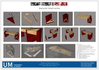 Banco Urbano - Pur sang
Mayra Galarza Berny 44012929
Micaela Harguinteguy 39010427
Federico Suarez 39012500
Lucia Cabañas 40011500
Ariel H Ruiz Díaz 39011875
Restauración de Muebles y Objetos de Arte
Trabajo Práctico: Objeto Urbano: Diseño de un banco
Cátedra: Profesor Vicente Mazzitelli
Ej ec uc ion Const r uc t iva
Referencias:
1- Anclaje placa base a solado.
2- Listones Estructurales internos.
3- Instalacion Placa externa de caucho.
4- Instalacion placa Interna dentada
5- Instalacion Asiento.
6- Armado bases de sustento colocacion de
liston externo.
7-Instalacion liston posterior y refuerzos
metalicos.
8,9- Armado final placa base superior y
placa posterior con su respectivo anclaje.
10- Modelo Terminado.
11- Detalle anclajes generales
12- Anclajes inferiores.
13- Anclajes superiores.
1 5
6 10
1311