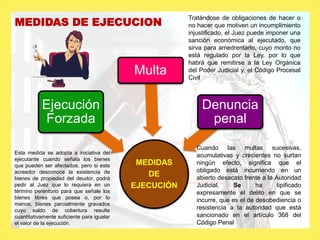 
MEDIDAS DE EJECUCION
MEDIDAS
DE
EJECUCIÓN
Ejecución
Forzada
Multa
Denuncia
penal
Esta medida se adopta a iniciativa del
ejecutante cuando señala los bienes
que pueden ser afectados, pero si este
acreedor desconoce la existencia de
bienes de propiedad del deudor, podrá
pedir al Juez que lo requiera en un
término perentorio para que señale los
bienes libres que posea o, por lo
menos, bienes parcialmente gravados
cuyo saldo de cobertura resulte
cuantitativamente suficiente para igualar
el valor de la ejecución.
Tratándose de obligaciones de hacer o
no hacer que motiven un incumplimiento
injustificado, el Juez puede imponer una
sanción económica al ejecutado, que
sirva para amedrentarlo, cuyo monto no
está regulado por la Ley, por lo que
habrá que remitirse a la Ley Orgánica
del Poder Judicial y, el Código Procesal
Civil
Cuando las multas sucesivas,
acumulativas y crecientes no surtan
ningún efecto, significa que el
obligado está incurriendo en un
abierto desacato frente a la Autoridad
Judicial. Se ha tipificado
expresamente el delito en que se
incurre, que es el de desobediencia o
resistencia a la autoridad que está
sancionado en el artículo 368 del
Código Penal
 