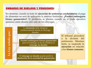 
EMBARGO DE SUELDOS Y PENSIONES:LaLeyseñalaque:
La demanda debe dirigirse
exclusivamente frente al cónyuge
deudor.
Pueden embargarse bienes gananciales
pero el embargo se ha de notificar el
cónyuge no deudor.
El cónyuge no deudor puede pedir la
disolución de la sociedad de gananciales.
No obstante, cuando se trate de ejecución de sentencias condenatorias al pago
de alimentos no será de aplicación la anterior limitación. ¿Pueden embargarse
bienes gananciales?: El problema se plantea cuando en el título ejecutivo
aparezca como deudor uno solo de los cónyuges.
El tribunal procederá
a la división del
patrimonio. Mientras
tanto, se suspende la
ejecución en relación
a los bienes comunes.
 