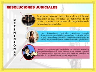 
RESOLUCIONES JUDICIALES
Es el acto procesal proveniente de un tribunal,
mediante el cual resuelve las peticiones de las
partes , o autoriza u ordena el cumplimiento de
determinadas medidas..
Las Resoluciones judiciales requieren cumplir
determinadas formalidades para validez y eficacia, siendo
la mas común la escrituración y registro (por ejemplo: en
audio), según sea el tipo de procedimiento en que indican.
Las que concluyen un proceso judicial de cualquier materia y
que quedan consentidas o son ejecutoriadas, es decir, que son
firmes ya que se han agotado contra ellas todos los recursos que
franquea la Ley, dentro de los plazos respectivos.
D
E
F
I
N
I
C
I
O
N
E
S
 