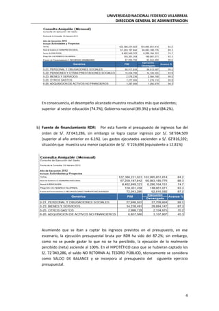 UNIVERSIDAD NACIONAL FEDERICO VILLARREAL
DIRECCION GENERAL DE ADMINISTRACION
4
En consecuencia, el desempeño alcanzado muestra resultados más que evidentes;
superior al sector educación (74.7%), Gobierno nacional (89.3%) y total (84.2%).
b) Fuente de financiamiento RDR: Por esta fuente el presupuesto de ingresos fue del
orden de S/. 72´043,286, sin embargo se logra captar ingresos por S/. 58´934,509
(superior al año anterior en 6.1%). Los gastos ejecutados ascienden a S/. 62’816,592;
situación que muestra una menor captación de S/. 9´226,694 (equivalente a 12.81%)
Asumiendo que se iban a captar los ingresos previstos en el presupuesto, en ese
escenario, la ejecución presupuestal bruta por RDR ha sido del 87.2%; sin embargo,
como no se puede gastar lo que no se ha percibido, la ejecución de lo realmente
percibido (neta) asciende al 100%. En el HIPOTÉTICO caso que se hubieran captado los
S/. 72´043,286, el saldo NO RETORNA AL TESORO PÚBLICO, técnicamente se considera
como SALDO DE BALANCE y se incorpora al presupuesto del siguiente ejercicio
presupuestal.
 