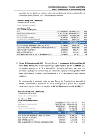 UNIVERSIDAD NACIONAL FEDERICO VILLARREAL
DIRECCION GENERAL DE ADMINISTRACION
8
capacidad de los gestores, muchas veces está condicionada al comportamiento no
controlable de los postores, cuya conducta es impredecible.
b) Fuente de financiamiento RDR: Por esta fuente el presupuesto de ingresos fue del
orden de S/. 70´021,344; sin embargo se logra captar ingresos por S/. 61´692,061 que,
no obstante superar en 4.7% al año anterior, no fueron suficientes para cubrir lo
previsto de gasto para el ejercicio fiscal. De este modo, el presupuesto asignado al SNIP
de las Facultades de Economía y Contabilidad de S/. 4´157,917 tampoco pudo haberse
ejecutado.
En consecuencia, la ejecución neta por esta fuente de financiamiento ascendió al
99.08%, nuevamente la explicación es: no se puede gastar lo que no se ha logrado
captar como ingreso. Es decir, se captaron S/. 61´692,061 y se gastaron S/. 61´102,917.
TOTAL 133,676,693,187 115,773,107,175 86.6
Nivel de Gobierno E: GOBIERNO NACIONAL 74,257,270,286 68,186,409,474 91.8
Sector 10: EDUCACION 9,079,185,607 7,200,842,790 79.3
Pliego 524: U.N. FEDERICO VILLARREAL 176,271,093 151,500,052 85.9
Fuente de Financiamiento 1: RECURSOS ORDINARIOS 106,136,132 90,397,135 85.2
Devengado
5-21: PERSONAL Y OBLIGACIONES SOCIALES 71,234,890 69,189,160 97.1
5-22: PENSIONES Y OTRAS PRESTACIONES SOCIALES 15,200,200 14,696,800 96.7
5-23: BIENES Y SERVICIOS 2,883,532 2,593,781 90.0
5-25: OTROS GASTOS 3,182,517 3,174,917 99.8
6-26: ADQUISICION DE ACTIVOS NO FINANCIEROS 13,634,993 742,477 5.4
Avance %
Fecha de la Consulta: 24-febrero-2015
Año de Ejecución: 2013
Incluye: Actividades y Proyectos
Genérica PIM
Ejecución
Consulta Amigable (Mensual)
Consulta de Ejecución del Gasto
TOTAL 133,676,693,187 115,773,107,175 86.6
Nivel de Gobierno E: GOBIERNO NACIONAL 74,257,270,286 68,186,409,474 91.8
Sector 10: EDUCACION 9,079,185,607 7,200,842,790 79.3
Pliego 524: U.N. FEDERICO VILLARREAL 176,271,093 151,500,052 85.9
Fuente de Financiamiento 2: RECURSOS DIRECTAM ENTE RECAUDADOS 70,021,344 61,102,917 87.3
Devengado
5-21: PERSONAL Y OBLIGACIONES SOCIALES 25,926,559 25,906,372 99.9
5-23: BIENES Y SERVICIOS 31,065,024 30,025,235 96.7
5-25: OTROS GASTOS 3,197,699 2,439,568 76.3
6-26: ADQUISICION DE ACTIVOS NO FINANCIEROS 9,832,062 2,731,742 27.8
Avance %
Fecha de la Consulta: 24-febrero-2015
Año de Ejecución: 2013
Incluye: Actividades y Proyectos
Genérica PIM
Ejecución
Consulta Amigable (Mensual)
Consulta de Ejecución del Gasto
 
