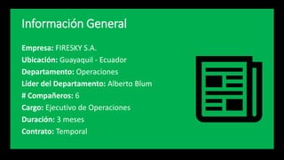 Información General
Empresa: FIRESKY S.A.
Ubicación: Guayaquil - Ecuador
Departamento: Operaciones
Líder del Departamento: Alberto Blum
# Compañeros: 6
Cargo: Ejecutivo de Operaciones
Duración: 3 meses
Contrato: Temporal
 
