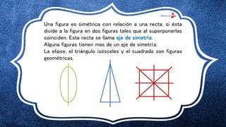 Una figura es simétrica con relación a una recta, si ésta
divide a la figura en dos figuras tales que al superponerlas
coinciden. Esta recta se llama eje de simetría.
Alguna figuras tienen mas de un eje de simetría.
La elipse, el triángulo isósceles y el cuadrado son figuras
geométricas.