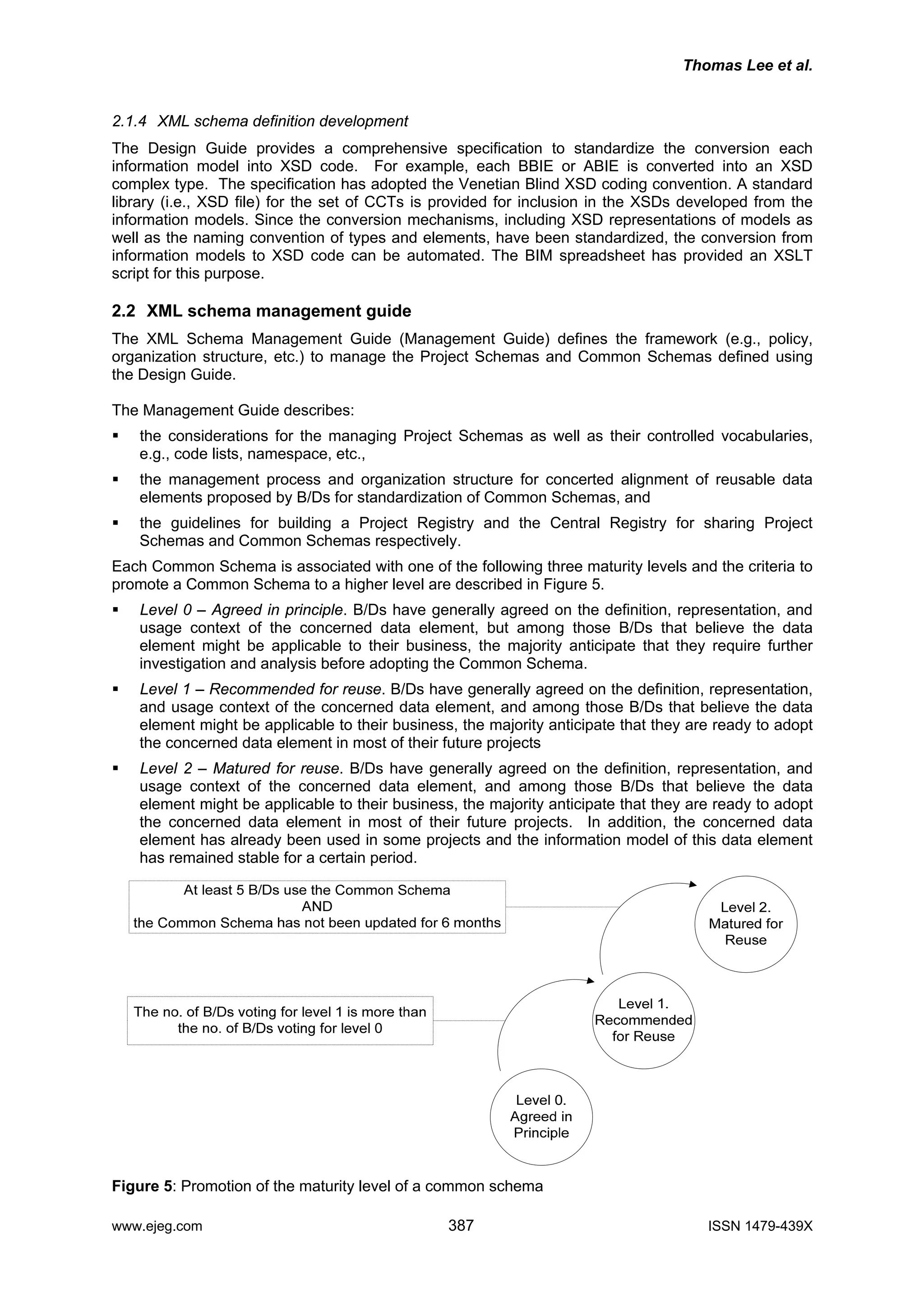 Thomas Lee et al.
2.1.4 XML schema definition development
The Design Guide provides a comprehensive specification to standardize the conversion each
information model into XSD code. For example, each BBIE or ABIE is converted into an XSD
complex type. The specification has adopted the Venetian Blind XSD coding convention. A standard
library (i.e., XSD file) for the set of CCTs is provided for inclusion in the XSDs developed from the
information models. Since the conversion mechanisms, including XSD representations of models as
well as the naming convention of types and elements, have been standardized, the conversion from
information models to XSD code can be automated. The BIM spreadsheet has provided an XSLT
script for this purpose.
2.2 XML schema management guide
The XML Schema Management Guide (Management Guide) defines the framework (e.g., policy,
organization structure, etc.) to manage the Project Schemas and Common Schemas defined using
the Design Guide.
The Management Guide describes:
the considerations for the managing Project Schemas as well as their controlled vocabularies,
e.g., code lists, namespace, etc.,
the management process and organization structure for concerted alignment of reusable data
elements proposed by B/Ds for standardization of Common Schemas, and
the guidelines for building a Project Registry and the Central Registry for sharing Project
Schemas and Common Schemas respectively.
Each Common Schema is associated with one of the following three maturity levels and the criteria to
promote a Common Schema to a higher level are described in Figure 5.
Level 0 – Agreed in principle. B/Ds have generally agreed on the definition, representation, and
usage context of the concerned data element, but among those B/Ds that believe the data
element might be applicable to their business, the majority anticipate that they require further
investigation and analysis before adopting the Common Schema.
Level 1 – Recommended for reuse. B/Ds have generally agreed on the definition, representation,
and usage context of the concerned data element, and among those B/Ds that believe the data
element might be applicable to their business, the majority anticipate that they are ready to adopt
the concerned data element in most of their future projects
Level 2 – Matured for reuse. B/Ds have generally agreed on the definition, representation, and
usage context of the concerned data element, and among those B/Ds that believe the data
element might be applicable to their business, the majority anticipate that they are ready to adopt
the concerned data element in most of their future projects. In addition, the concerned data
element has already been used in some projects and the information model of this data element
has remained stable for a certain period.
Figure 5: Promotion of the maturity level of a common schema
www.ejeg.com 387 ISSN 1479-439X
 