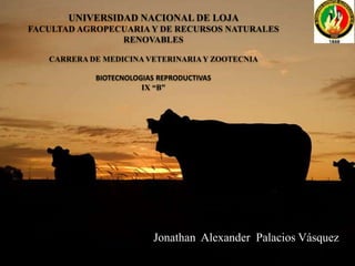 UNIVERSIDAD NACIONAL DE LOJA
FACULTAD AGROPECUARIA Y DE RECURSOS NATURALES
RENOVABLES
CARRERA DE MEDICINA VETERINARIAY ZOOTECNIA
BIOTECNOLOGIAS REPRODUCTIVAS
IX “B”
Jonathan Alexander Palacios Vásquez
 